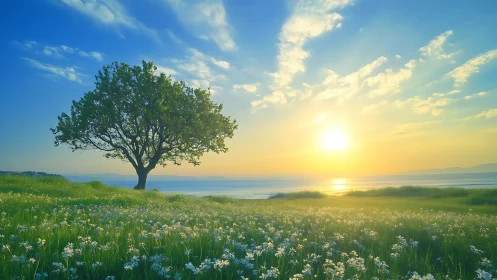 Solitary shoreline tree under glowing spring sunrise.