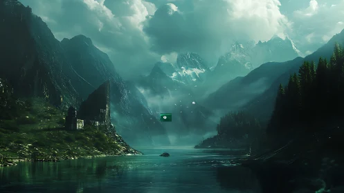 Mystic alpine fjord with ruins under cinematic teal haze.