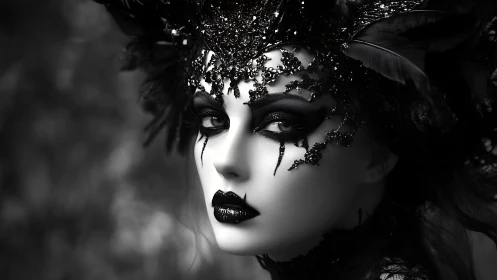 Monochrome portrait with ornate black headdress and makeup.