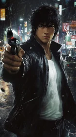 Man in wet city street points handgun directly at viewer