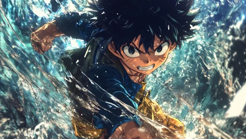 Determined anime hero punches through crashing water torrent