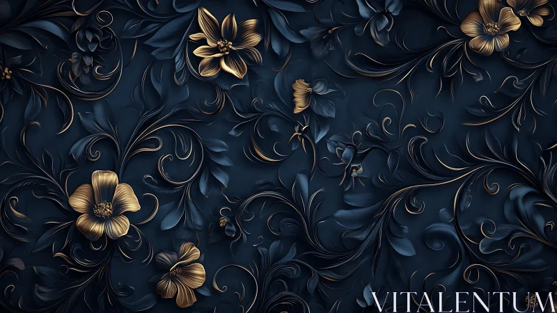 Elegant Golden Flowers Ornament Dark Blue Background.