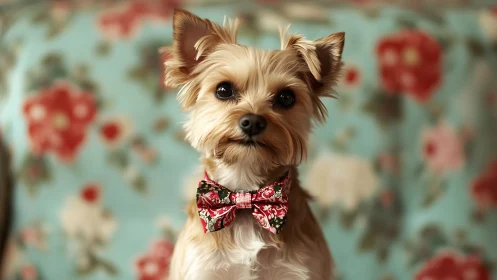 Small terrier breed dog exhibiting formal grooming with vintage floral pattern background compositio