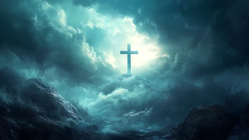Luminous cross emerging through storm-lit celestial clouds.