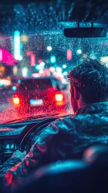 Nocturnal driver framed by neon bokeh and wet windshield optics.