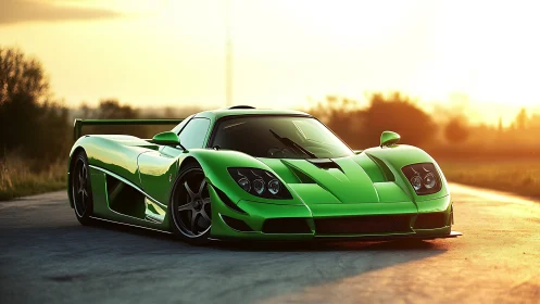 Green supercar on open road at golden sunset glow.