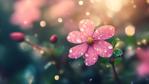 Pink Flower with Raindrops and Bokeh Background.