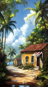 Tropical village lane with yellow house and palm trees.