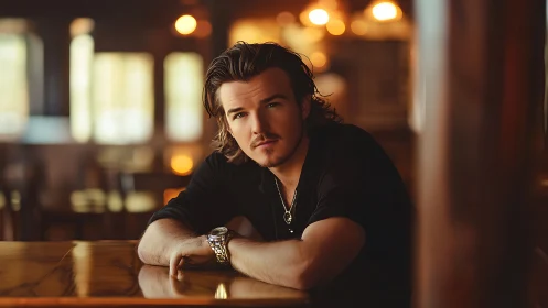 Man seated at wooden bar in softly lit interior setting.