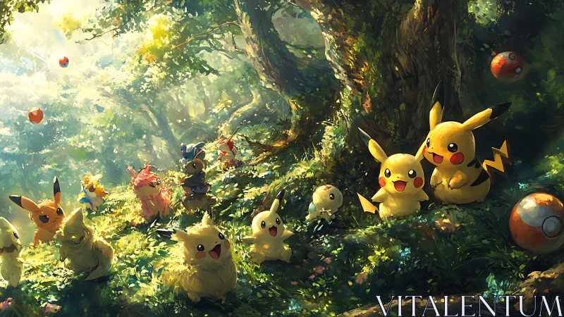Pikachu and forest Pokémon gathered in sunlit woodland.