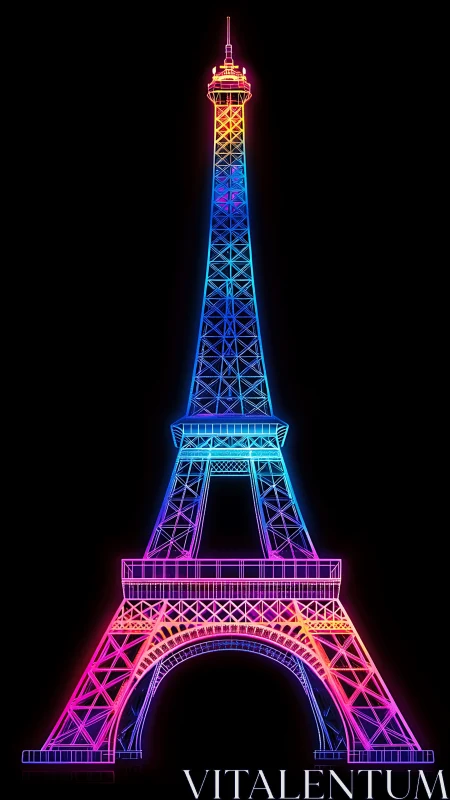 Neon wireframe Eiffel Tower model stands on black background