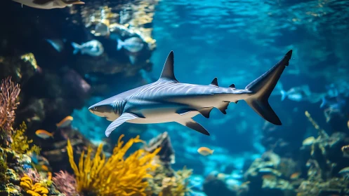 Silverblade shark cruises through jeweled coral kingdom.