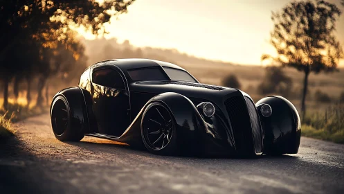 Streamlined black concept car is parked on rural road