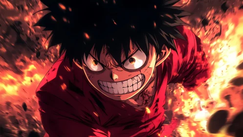 Determined anime fighter sprints through erupting flames