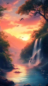 Luminous river valley waterfall at sunset with distant peaks