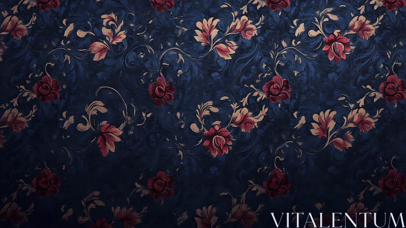 Dark blue floral wallpaper with red and beige blossoms pattern.