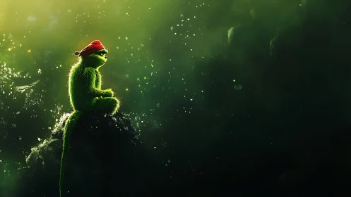 Fuzzy green dreamer in a red cap on a glowing rock.