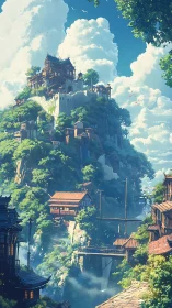 Sunlit cliffside village rising through soft summer clouds.