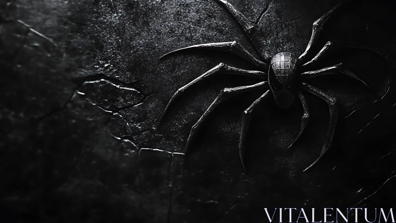 Dark metallic spider emblem resting on cracked stone wall.