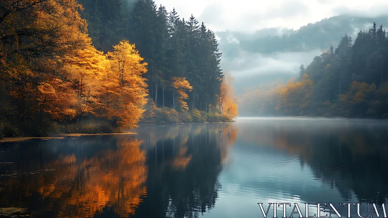 Photorealistic autumn lakeside with misted conifer backdrop.