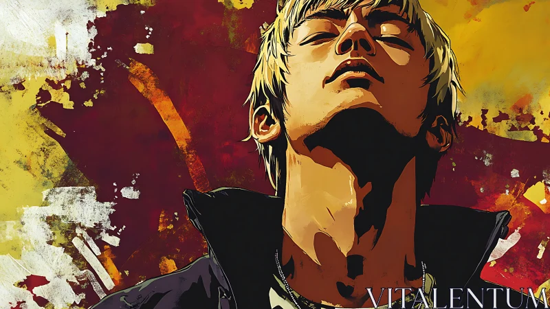 Stylized portrait of youth against bold abstract wall.