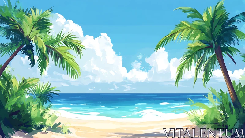 Tropical Paradise Framed by Palm Sentinels.