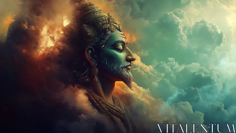 Mythic deity profile in luminous cloudscape digital painting.