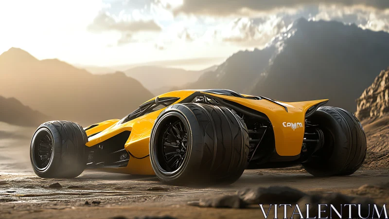 Futuristic wide-track hypercar on arid mountain plateau at dusk