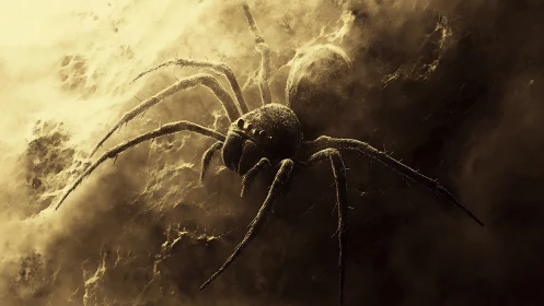 Gigantic shadowed spider crawls through swirling golden mist.