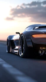 Sleek black supercar on open road at sunset period.