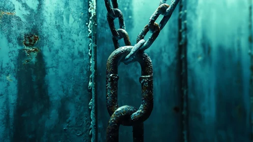 Corroded steel chain link under teal industrial surface lighting.