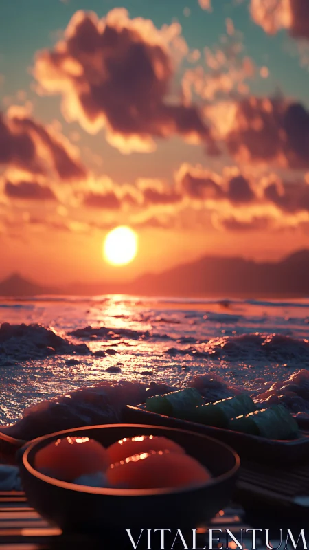 Sunset coastline with sushi served in soft warm light.