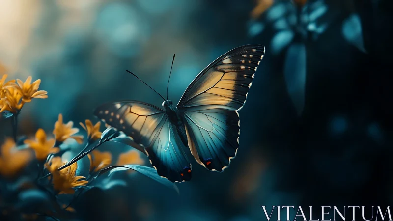 Macro study of butterfly wing iridescence in teal–amber bokeh field