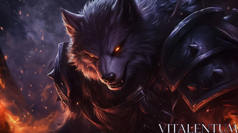 Armored wolf warrior advances through swirling battlefield fire