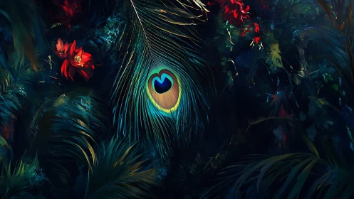 Digital painting of peacock plume in nocturnal tropical foliage.