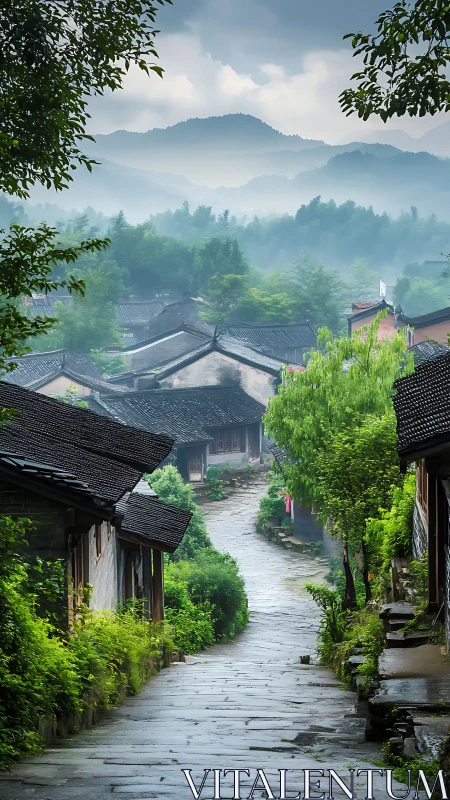 Misty mountain village path winds through lush greenery.