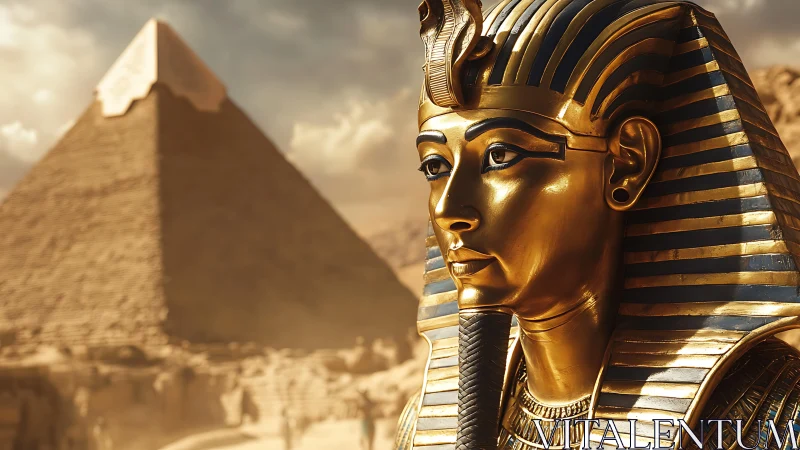 Golden pharaoh mask before sunlit Egyptian pyramid monument.