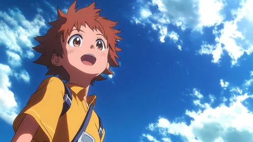 Anime boy gazes upward against expansive summer sky backdrop