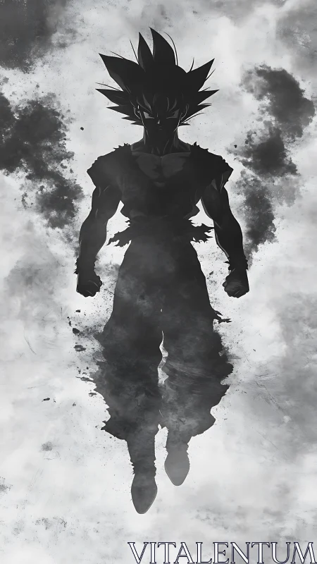 Silhouetted warrior ascends within swirling monochrome smoke