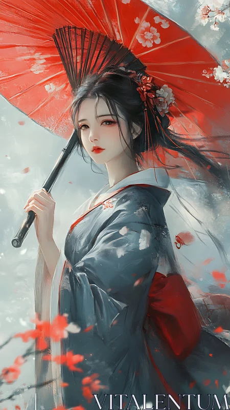 Digital painting of kimono figure with red parasol and petals.
