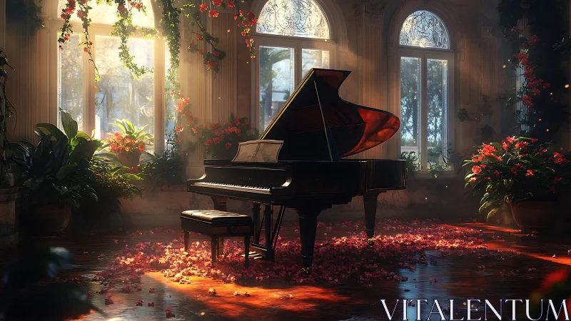 Grand piano in sunlit conservatory with volumetric light shafts