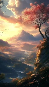 Sunlit mountain valley with river and pink blossoming tree.