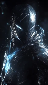 Hooded metallic humanoid figure with blue luminous accents.