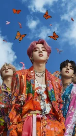 Monarch-splashed pop trio beneath a paint-splattered sky.