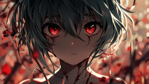 Bloodlit anime girl portrait with glowing red eyes.