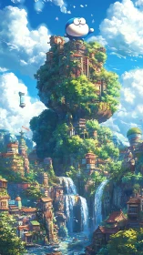 Floating waterfall city crowned by playful blue mascot.