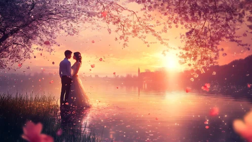 Couple Under Blossoms at Sunset Over Water