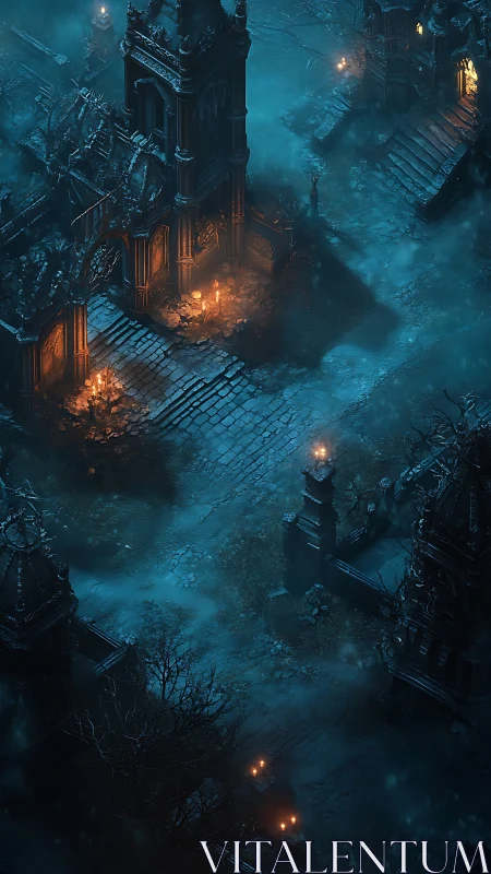 Moonlit graveyard corridor aglow with haunted embered doorways.