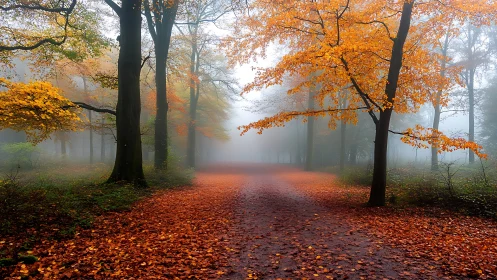 Misty Forest Path Lined with Golden Autumn Foliage and Atmospheric Fog