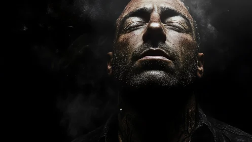 Weathered male face emerges from darkness in stark relief.